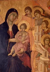 Virgem e criança no trono (retábulo de La Maesta) (tempera e ouro sobre madeira)
