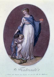 Alegoria da Revolução Francesa "Fraternite" contra a escravidão da França com crianças de diferentes cores se beijando. Estampas de R. Duchemin (século XVIII ou XIX) Paris, Musee Carnavalet