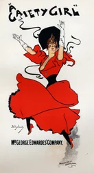 Arte. Entretenimento. Uma rapariga de alegria, operetta de Owen Halls e Sidney Jones. Cartaz de Dudley Hardy, Inglaterra.