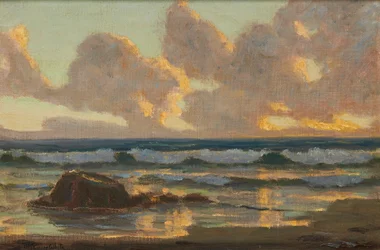Ondas a rebentar, pôr do sol (óleo sobre tela)