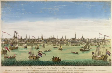 Uma visão geral do porto e da cidade de Amsterdã, gravada por DG Hucquier, século XVI
