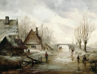 Uma paisagem de inverno com figuras patinando em primeiro plano