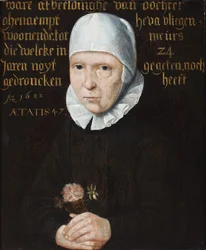 Retrato de uma dama com touca preta e branca segurando um ramalhete
