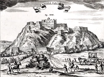 Bietala, fortaleza de Lama, o Grande, Reino de Lhassa, ilustração de &39;La Chine illustree&39; por Athanasius Kircher (1602-80) Amsterdã, 1670 (gravura) (foto bw)