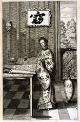 Mulher chinesa com rouxinol, de "China Illustrated" de Athanasius Kircher (1601-80) 1667 (gravura)