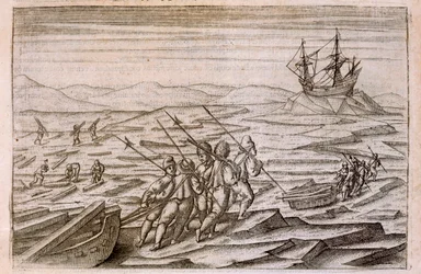 Coletando troncos para a cabine em que a expedição de inverno, ilustração de Diarium Nauticum, seu vera descriptio trium navigationum admirandarum ... por Gerrit de Veer, 1598