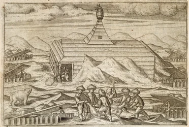 Tripulação a matar e esfolar ursos, fora da cabine em que a expedição invernou, ilustração de 