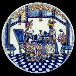 Prato de porcelana de Delft representando uma mulher à mesa, servida pelo seu criado negro. 1705, Sèvres, Museu Nacional de Cerâmica