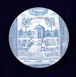 Prato de Delft representando o mês de abril (louça de barro de latão estanho)