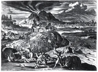 Terremoto em Edo (Tóquio) em 1659, ilustração do relato de Arnold Montanus de embaixadas enviadas pela Companhia Holandesa das Índias Orientais ao Imperador do Japão, publicado em Amsterdã 1669 (