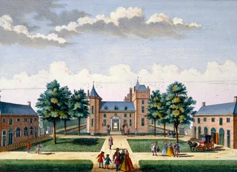 Fachada do Castelo de Assumburg, de Het Zeganpralent Kennemerlant por Hendrick de Leth e Matthias Brouerius Van Nidek, publicado c.1700-1730
