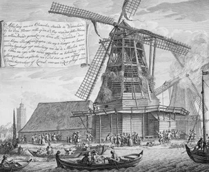 Lutando contra um incêndio em um moinho de vento perto de Worden, de um livro sobre Firefighting na Holanda, publicado em c.1700