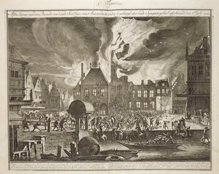 Incêndio na antiga Câmara Municipal de Amsterdam, 17 de julho de 1652, de um livro sobre Firefighting na Holanda, publicado em c.1700
