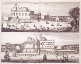Vista frontal e à beira-mar do Forte Inglês em Bombaim, 1672