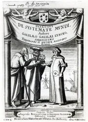 O frontispício do sistema de diálogo do Mundo por Galileu (1564-1642), publicado em Leyden, 1635