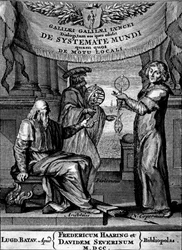 O frontispício do sistema de diálogo do Mundo por Galileo, edição publicada em 1641