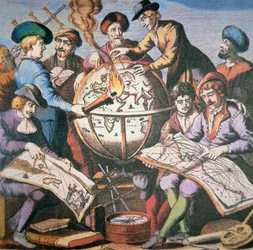 Frontispício do Atlas de Mapas Holandês mostrando um grupo de cartógrafos e instrumentos, c.1710 (cor litho)