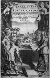 Frontispício da Arquitetura Militaire Moderne, Fortificação de Matthias Dogen, gravado por Theodor Matham (c.1606-76), pub. por Chez Louis Elzevier, Amsterdã, 1648