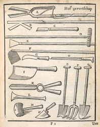 Ferramentas de jardim, de The Dutch Gardener por Johann van der Groen, publicado em 1699