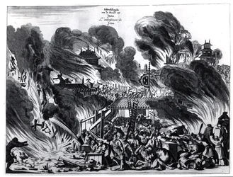 Grande Incêndio em Yedo (Tóquio) no século XVII, ilustração do relato de Arnold Montanus de embaixadas enviadas pela Companhia Holandesa das Índias Orientais ao Imperador do Japão, publicado em Amsterdã 1680
