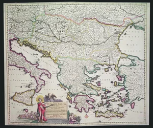 Mapa da Grécia, Hungria e seus países vizinhos (gravura colorida à mão)