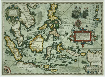 Mapa das Índias Orientais, pub. 1635 em Amsterdã (gravura colorida à mão)