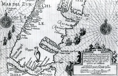 Mapa do Estreito de Magalhães, placa de Oliver van Noorts descrição de sua viagem, 1602