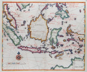 Mapa mostrando Bornéu, Clebes (Sulawesi), Java e outras ilhas indonésias.