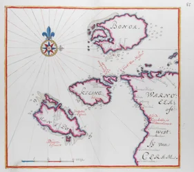 Mapa mostrando parte da Ilha de Ceram (Seram) e Bonoa (Ilha Boano) e Ilha Kelang e Ilha Manipa.