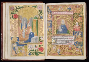Ms 144, ff.13v-14r: A Anunciação e a Virgem e o Menino, miniaturas de um Livro de Horas, Uso de Utrecht, c.1500-20 (folhas de ouro e tintas douradas e coloridas em pergaminho)