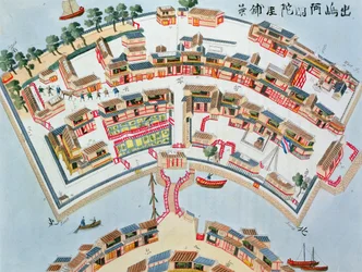 Plano da Fábrica Holandesa na Ilha de Desima em Nangasaki, de Ilustrações do Japão por Isaac Titsingh (c.1740-1812), publicado em Londres, 1822