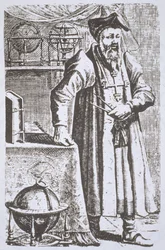 Retrato de William Postel (1510-81), de seu De Universitate, Leyden, 1643, ilustrado em History of Magic, publicado no final do século XIX
