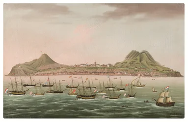 Sint Eustatius nas Antilhas Holandesas, com os West Indiamen agrupados na estrada ao largo de Oranjestad (óleo sobre tela)