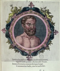 Tales de Mileto (BC c.625-547), de velhos e novos médicos e filósofos ícone por Johannes Sambucus (1531-1584), publicado pela Plantin em Antuérpia 1574 (gravura da cor)