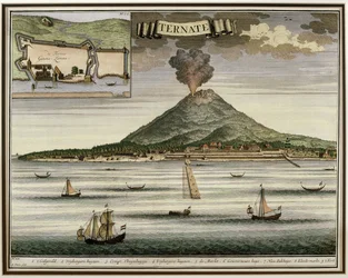 A, ilha, de, Ternate, moluccas, indonésia, ilustração, de, antigas, novo, leste, 1724-26