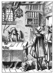 O Receptor de Impostos, depois de uma xilogravura em Praxis Rerum Civilium por Joos de Damhouder (1507-81) publicou Antuérpia, 1557