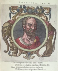 Theophrastus (BC c.372-287), de médicos antigos e novos e filósofos ícone por Johannes Sambucus (1531-84), publicado pela Plantin em Ley 1603 (gravura da cor)