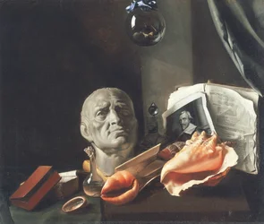 Vanitas naturezas mortas com busto, conchas, livros e frascos de vidro (óleo sobre tela)