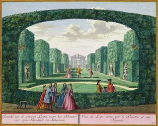 Vista da loggia verde ao teatro, de Het Zeganplant Kennemerlant, por Hendrick de Leth e Matthias Brouerius Van Nidek, publicado c.1700-1730