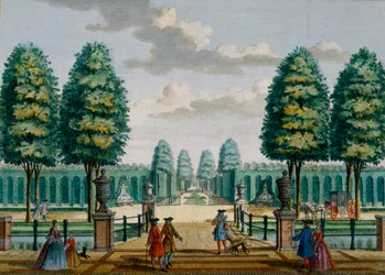 Vista da casa em direção ao portão da frente, Meerestein, de Het Zeganpralent Kennemerlant por Hendrick de Leth e Matthias Brouerius Van Nidek, publicado c.1700-1730