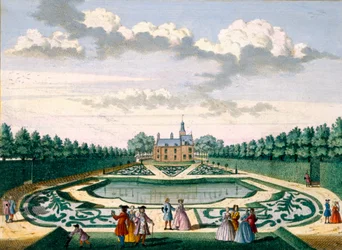 Vista da Casa Adrichem com o jardim e grande lago, de Het Zeganpralent Kennemerlant por Hendrick de Leth e Matthias Brouerius Van Nidek, publicado c.1700-1730
