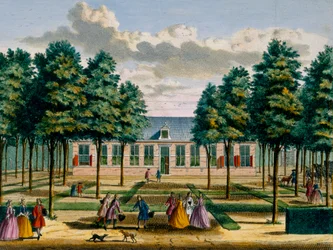 Vista de Jagerlust House, do Zeganpralent Kennemerlant por Hendrick de Leth e Matthias Brouerius Van Nidek, publicado c.1700-1730