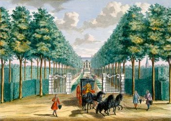 Vista da Casa Velserbeek da entrada de automóveis e entrada, de Het Zeganpralent Kennemerlant por Hendrick de Leth e Matthias Brouerius Van Nidek, publicado c.1700-1730
