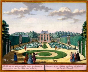Vista da casa e do jardim perto do arco triunfal, de Het Zeganpralent Kennemerlant por Hendrick de Leth e Matthias Brouerius Van Nidek, publicado c.1700-30