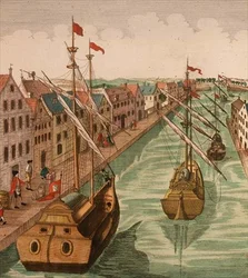 Vista da Porta de Kettel em Delft, detalhe da navegação no canal do porto (gravação) (detalhe de 83371)