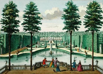 Vista do jardim da casa, Watervliet, de Het Zeganplant Kennemerlant, por Hendrick de Leth e Matthias Brouerius Van Nidek, publicado c.1700-1730 (ver também 172308, 1723).