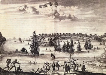 Vista do porto e da cidade de Galle, publicado em Amsterdã 1676