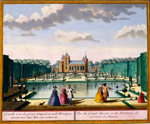 Vista da grande bacia e parterre na parte de trás da casa, de Het Zeganpralent Kennemerlant por Hendrick de Leth e Matthias Brouerius Van Nidek, publicado c.1700-30