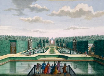 Vista do parterre e arco triunfal, Meerestein, de Het Zeganpralent Kennemerlant por Hendrick de Leth e Matthias Brouerius Van Nidek, publicado c.1700-1730