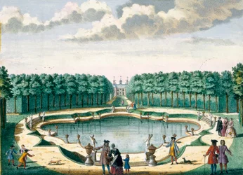 Vista da lagoa para a parte de trás da casa, Beckenstein, de Het Zeganpralent Kennemerlant por Hendrick de Leth e Matthias Brouerius Van Nidek, publicado c.1700-1730
